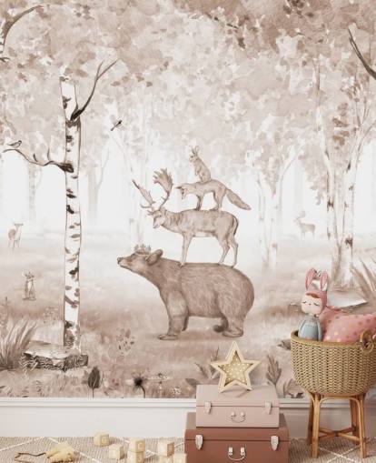 bear, deer, fox and rabbit standing on top of each other in birch tree forest wallpaper