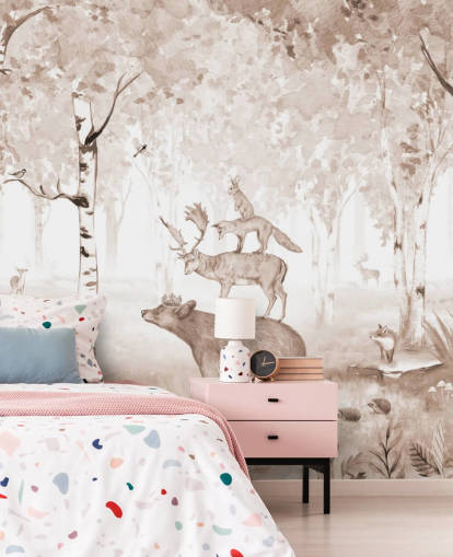 bear, deer, fox and rabbit standing on top of each other in birch tree forest wallpaper