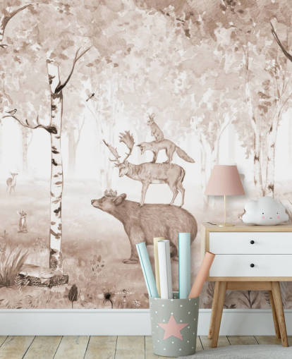 bear, deer, fox and rabbit standing on top of each other in birch tree forest wallpaper