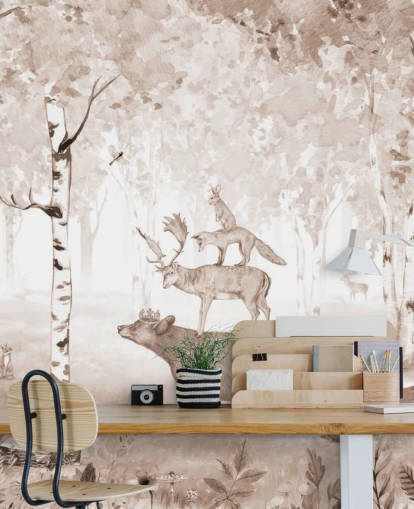 bear, deer, fox and rabbit standing on top of each other in birch tree forest wallpaper