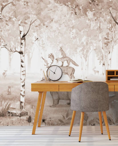 bear, deer, fox and rabbit standing on top of each other in birch tree forest wallpaper