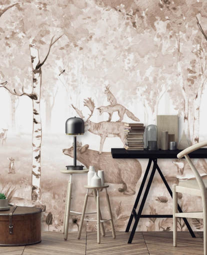 bear, deer, fox and rabbit standing on top of each other in birch tree forest wallpaper bear, deer, fox and rabbit standing on top of each other in birch tree forest wallpaper