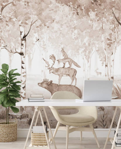 bear, deer, fox and rabbit standing on top of each other in birch tree forest wallpaper