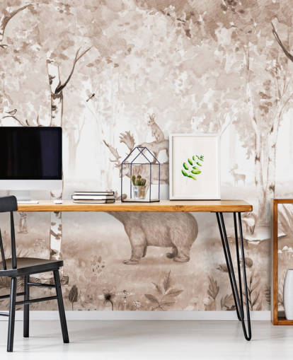 bear, deer, fox and rabbit on top of each other in birch tree forest wallpaper bear, deer, fox and rabbit on top of each other in birch tree forest wallpaper