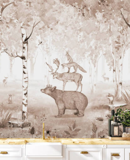 bear, deer, fox and rabbit standing on top of each other in birch tree forest wallpaper bear, deer, fox and rabbit standing on top of each other in birch tree forest wallpaper