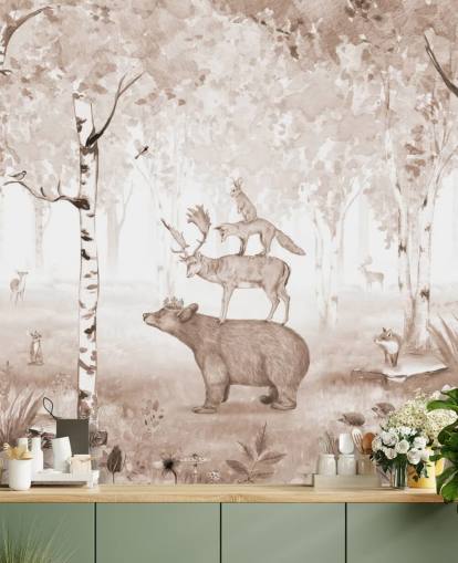 bear, deer, fox and rabbit standing on top of each other in birch tree forest wallpaper bear, deer, fox and rabbit standing on top of each other in birch tree forest wallpaper