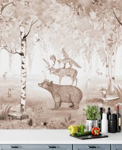 bear, deer, fox and rabbit standing on top of each other in birch tree forest wallpaper