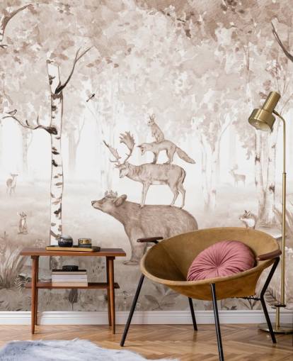 papier peint ours, cerf, renard et lapin debout les uns sur les autres dans une forêt de bouleaux