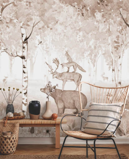 bear, deer, fox and rabbit standing on top of each other in birch tree forest wallpaper