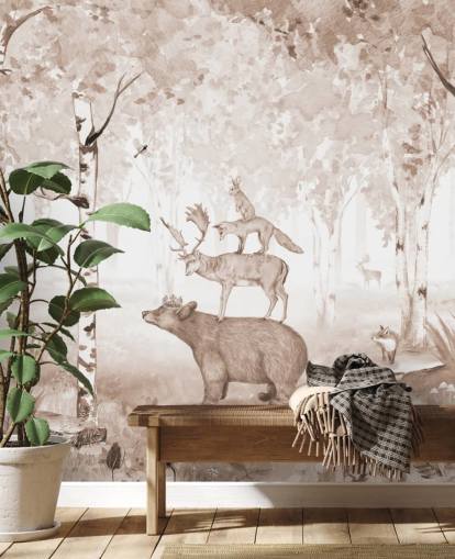 bear, deer, fox and rabbit on top of each other in birch tree forest wallpaper