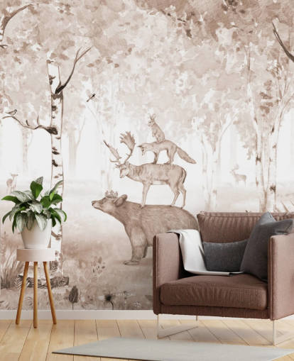 bear, deer, fox and rabbit standing on top of each other in birch tree forest wallpaper bear, deer, fox and rabbit standing on top of each other in birch tree forest wallpaper