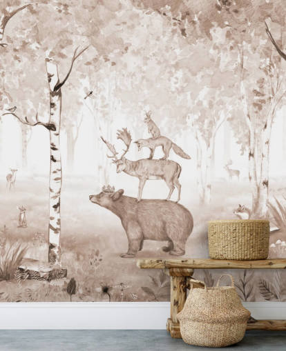 papel pintado de oso, ciervo, zorro y conejo de pie uno encima del otro en un fondo de pantalla de bosque de abedules