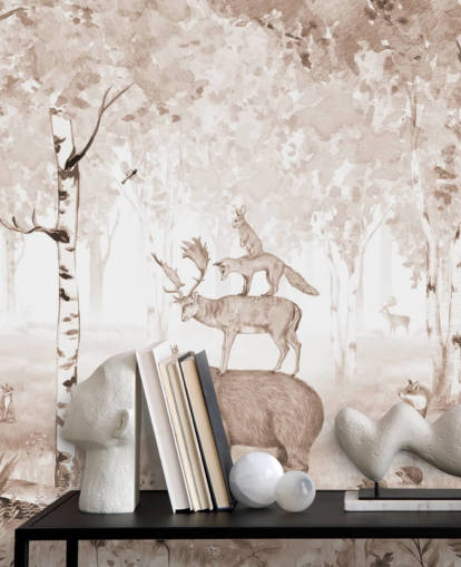 urso, veado, raposa e coelho em pé um sobre o outro em papel de parede de floresta de bétulas urso, veado, raposa e coelho em pé um sobre o outro em papel de parede de floresta de bétulas