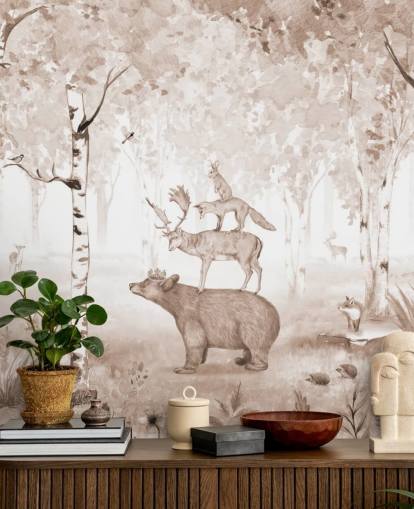 bear, deer, fox and rabbit standing on top of each other in birch tree forest wallpaper