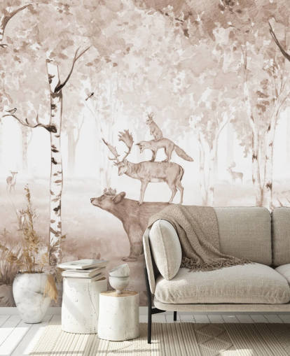 bear, deer, fox and rabbit standing on top of each other in birch tree forest wallpaper bear, deer, fox and rabbit standing on top of each other in birch tree forest wallpaper