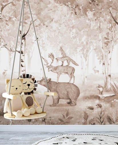 bear, deer, fox and rabbit standing on top of each other in birch tree forest wallpaper