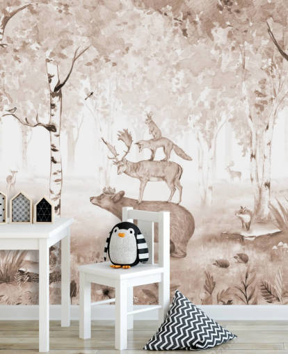bear, deer, fox and rabbit standing on top of each other in birch tree forest wallpaper