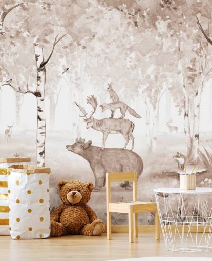 bear, deer, fox and rabbit standing on top of each other in birch tree forest wallpaper
