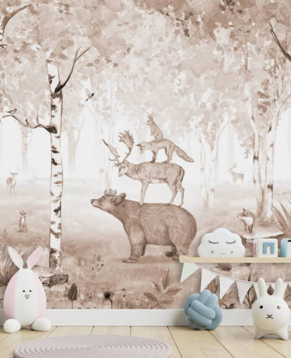bear, deer, fox and rabbit standing on top of each other in birch tree forest wallpaper