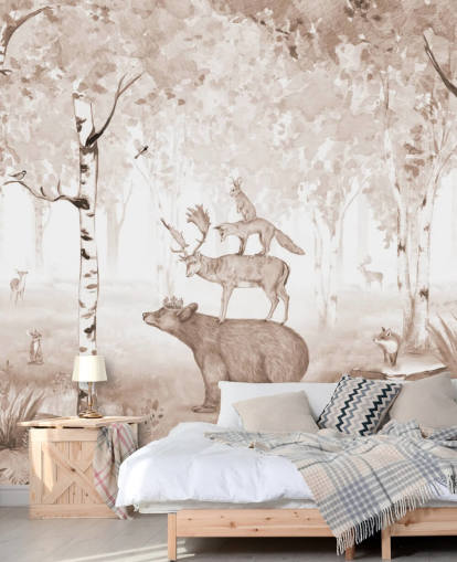 bear, deer, fox and rabbit standing on top of each other in birch tree forest wallpaper