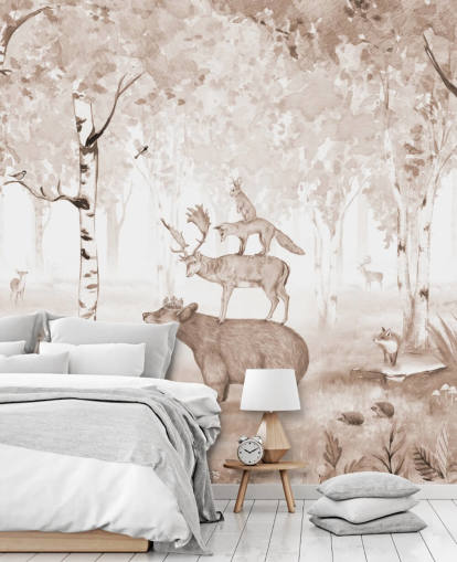 bear, deer, fox and rabbit standing on top of each other in birch tree forest wallpaper