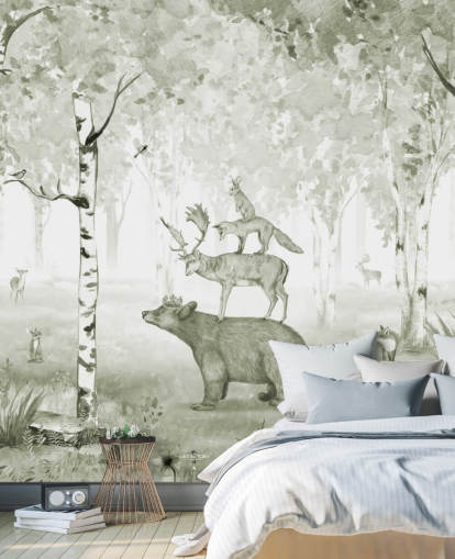 green and white woodland with animals wallpaper