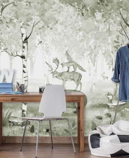 papier peint de forêt verte et blanche avec des animaux