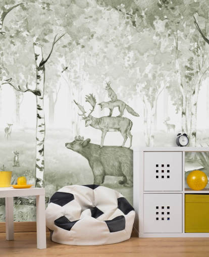 fondo de pantalla de bosque verde y blanco con animales