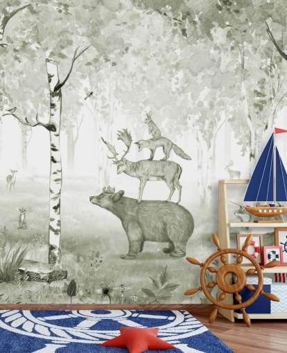 green and white woodland with animals wallpaper
