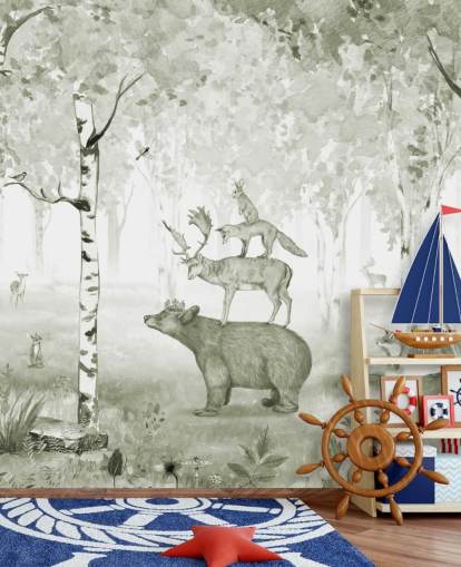 groen en wit bos met dierenbehang groen en wit bos met dierenbehang