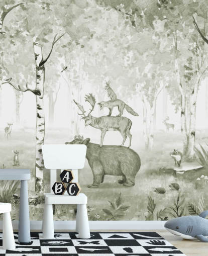 grön och vit skog med djur tapet