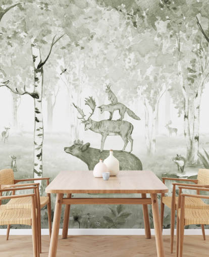 green and white woodland with animals wallpaper