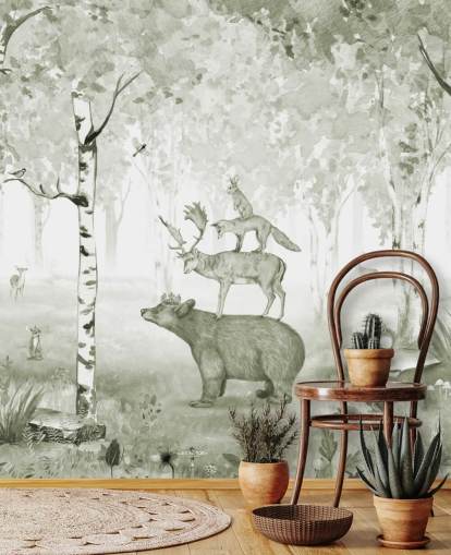 fondo de pantalla de bosque verde y blanco con animales