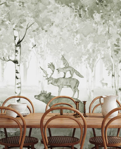 fondo de pantalla de bosque verde y blanco con animales