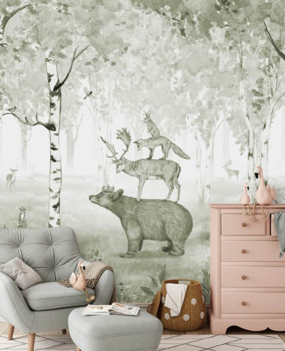 papier peint de forêt verte et blanche avec des animaux