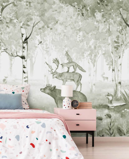 green and white woodland with animals wallpaper