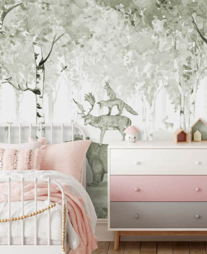 green and white woodland with animals wallpaper