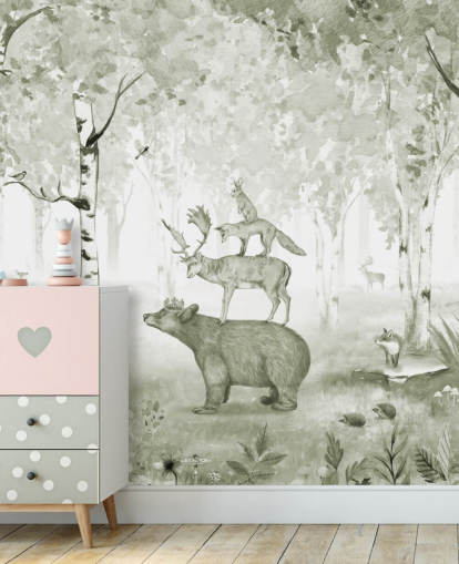 papier peint de forêt verte et blanche avec des animaux papier peint de forêt verte et blanche avec des animaux