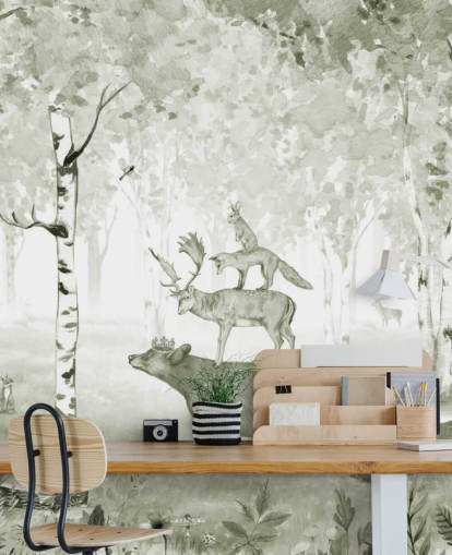 fondo de pantalla de bosque verde y blanco con animales