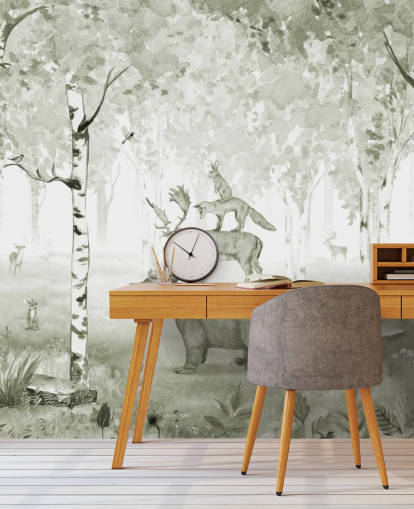 green and white woodland with animals wallpaper