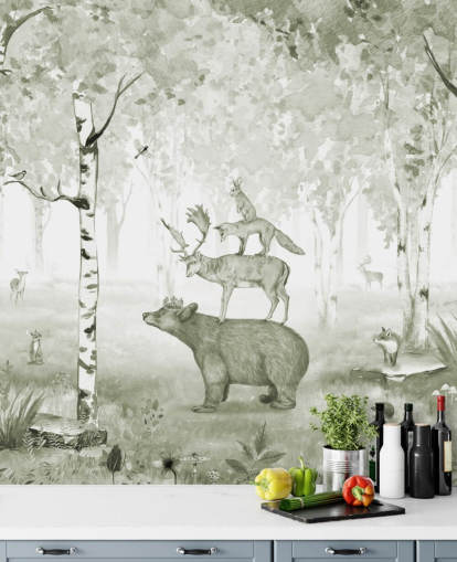 fondo de pantalla de bosque verde y blanco con animales