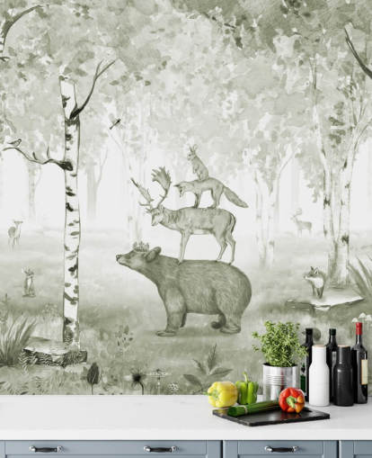 green and white woodland with animals wallpaper