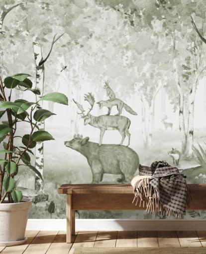 green and white woodland with animals wallpaper green and white woodland with animals wallpaper