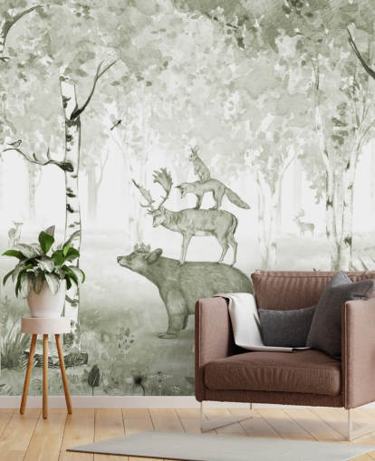 green and white woodland with animals wallpaper