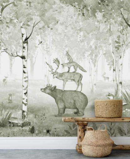 fondo de pantalla de bosque verde y blanco con animales