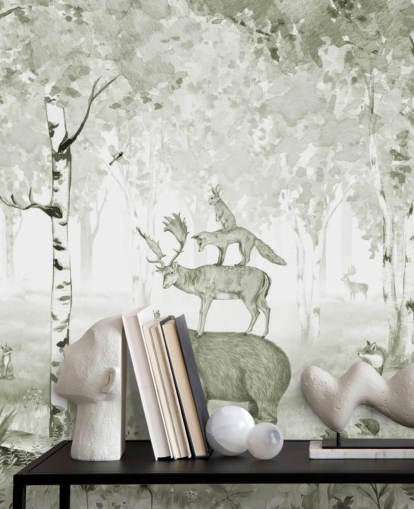 fondo de pantalla de bosque verde y blanco con animales