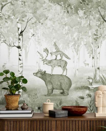 fondo de pantalla de bosque verde y blanco con animales