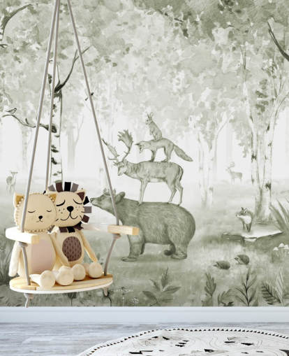 groen en wit bos met dierenbehang