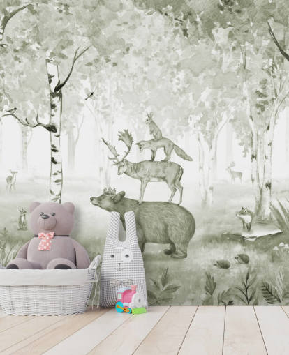 fondo de pantalla de bosque verde y blanco con animales