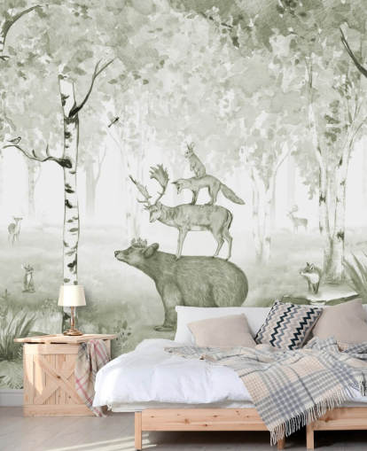 green and white woodland with animals wallpaper green and white woodland with animals wallpaper